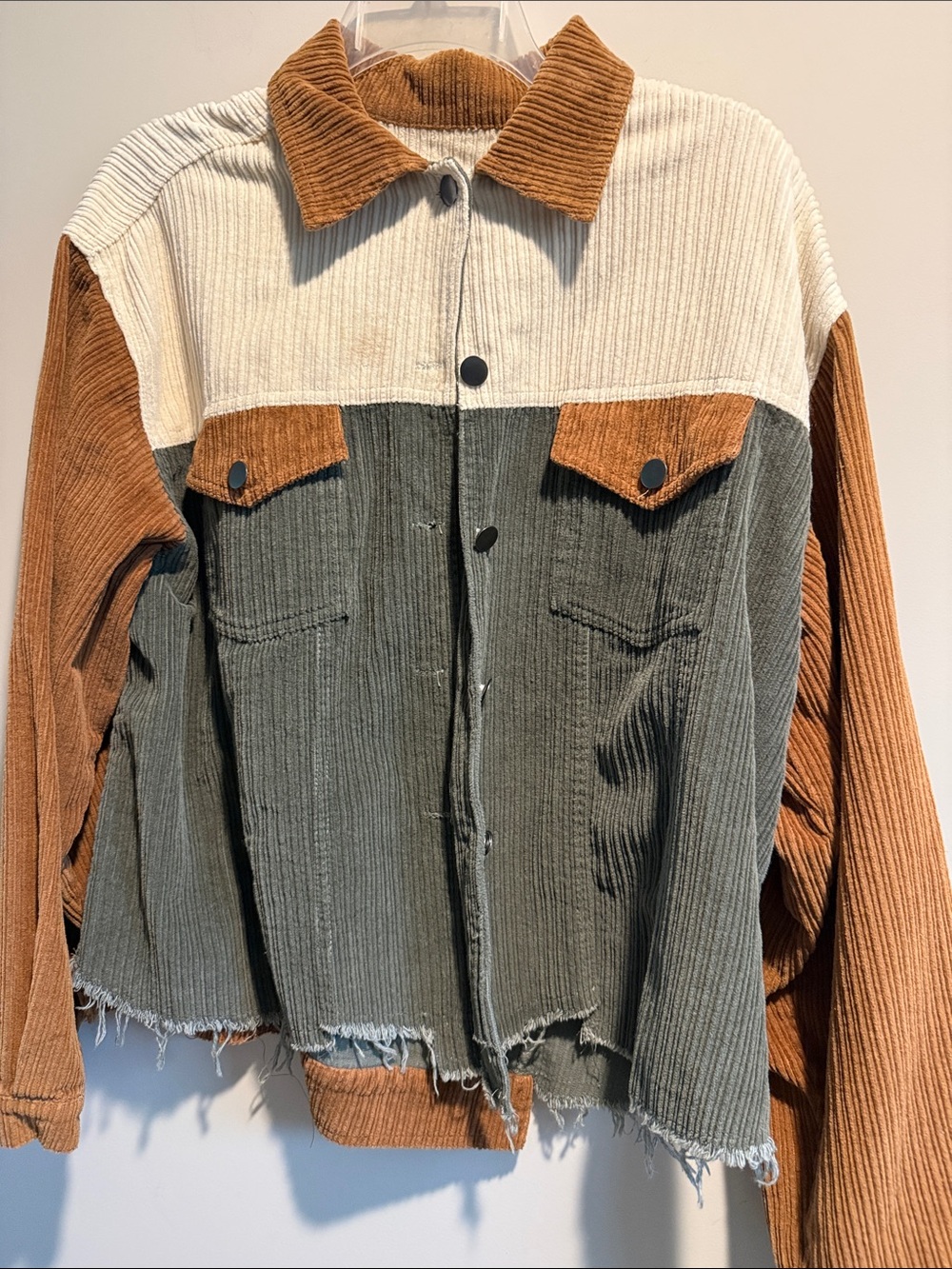 POL Colorblock Corduroy Jacket in Olive, Cream & Brown